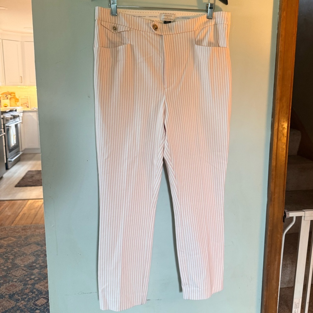 Anthropologie White Pants with Light Pinkish red Pinstripes